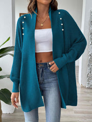 French Blue ribbed knit cardigan with pearl buttons and a relaxed fit.