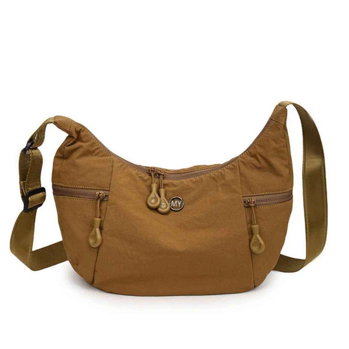 Medium brown nylon crossbody bag with adjustable strap and multiple zippered pockets.
