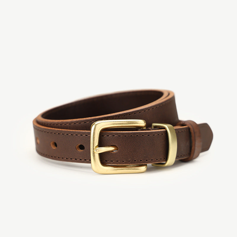 Brown cowhide leather belt with gold buckle and stitched detail