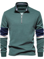 Deep Teal colorblock zip-neck sweatshirt with navy and white sleeve details.