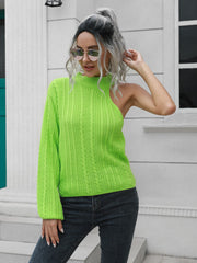 Neon green asymmetric cable knit sweater with one long sleeve and mock neck.
