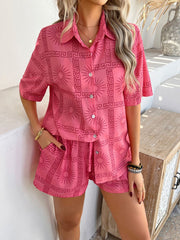 Coastal Tile Print Co-ord Set in Blush Pink with button-up shirt and shorts.
