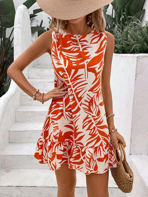 Tropical leaf print mini dress with ruffled hem and sleeveless design.