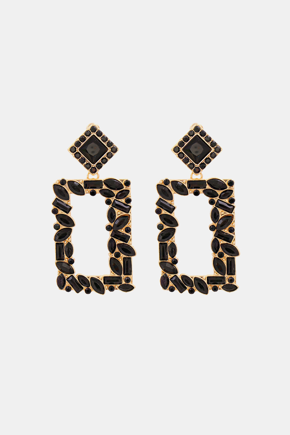 Black geometric jewel box earrings with gold alloy frames and faceted black stones.