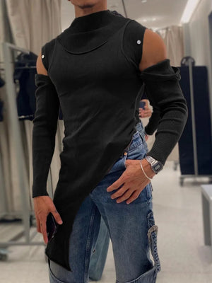Black ribbed cutout top with detachable sleeves and asymmetric hem.