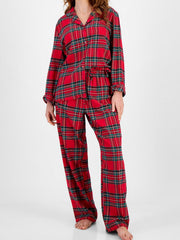 Crimson plaid pajama set with collared button-up top and drawstring pants, 100% polyester.