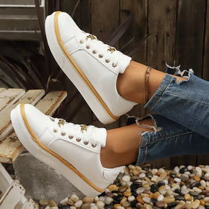 Round Toe Platform Sneakers in White, editorial view