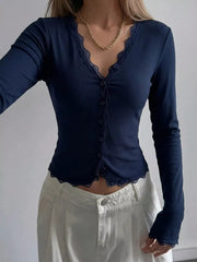 Lace Trim V-neck Ribbed Long Sleeve Blouse in Dark Blue, product detail