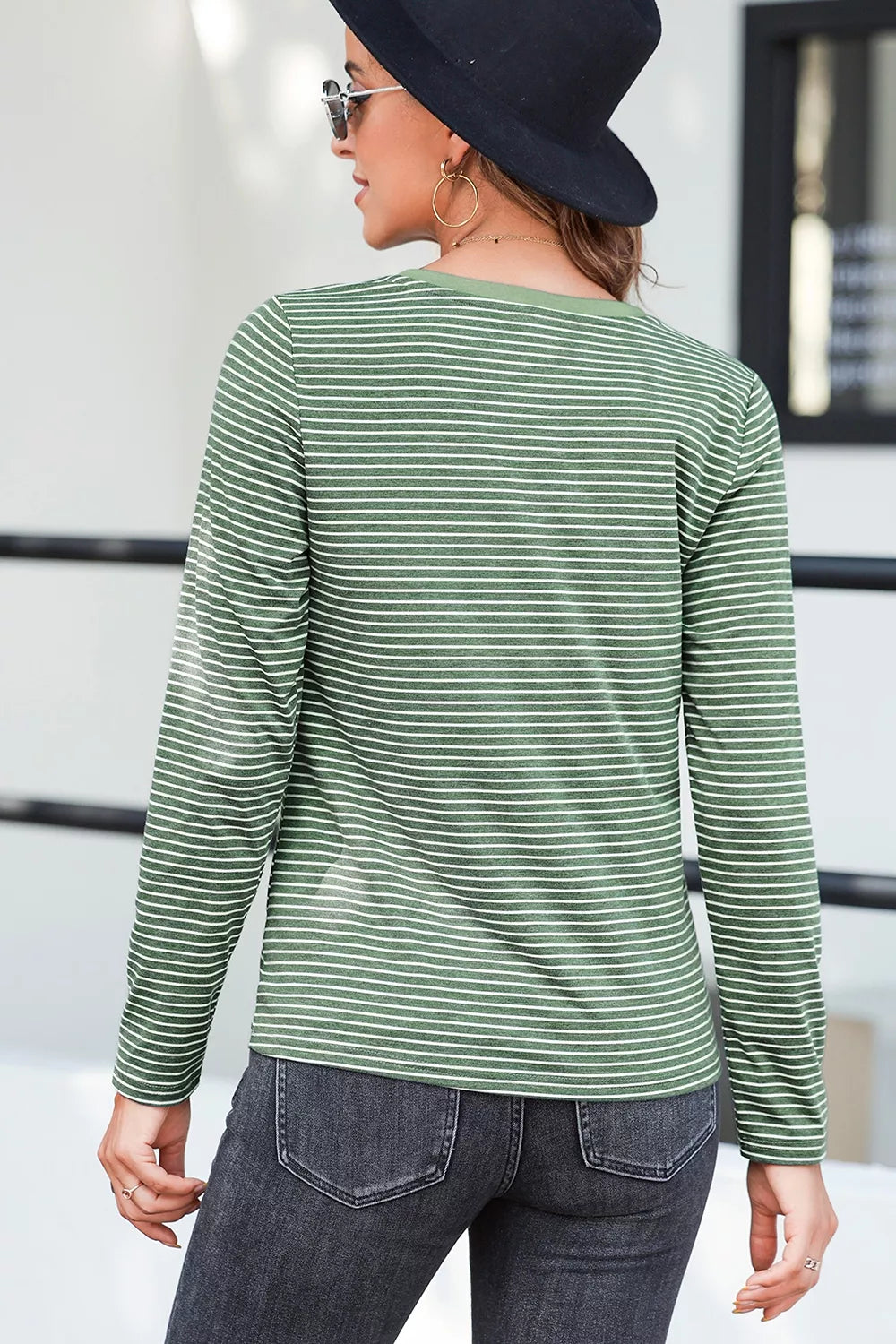 Stripe V Neck Stretchy Long Sleeve Top in Sage, product detail