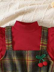 Baby girls' red turtleneck top with plaid jumper dress featuring cherry applique.