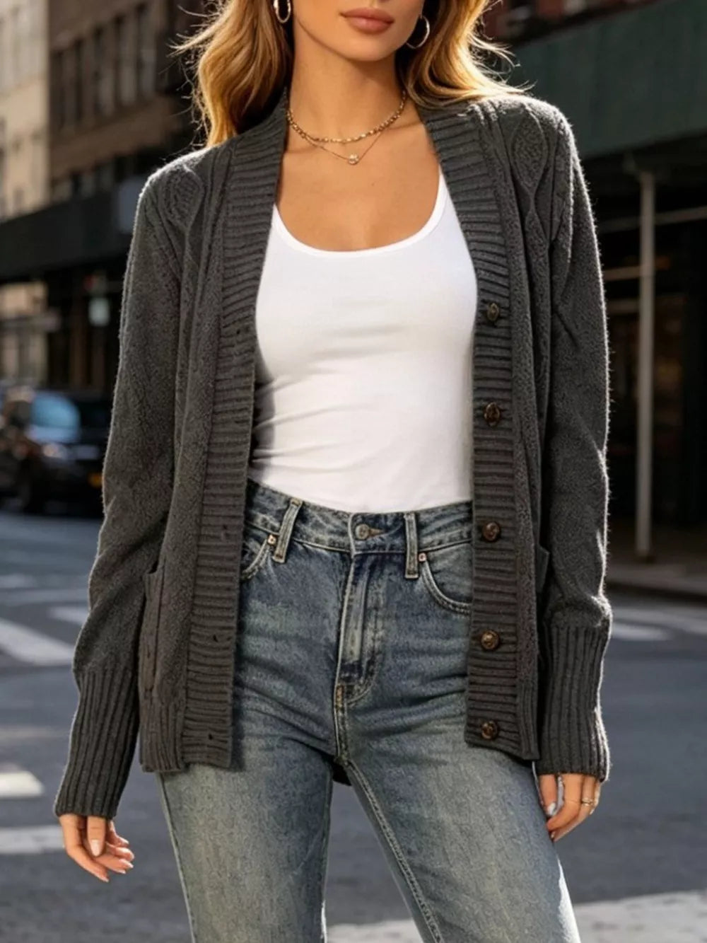 Cozy Cable Knit Button-up Cardigan in Gray, back view