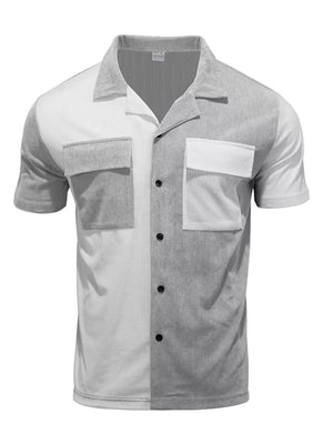 Men's two-tone light gray and white textured short sleeve button-down shirt with two chest pockets.