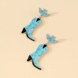 Blue cowboy boot dangle earrings with polka dots and hat tops.