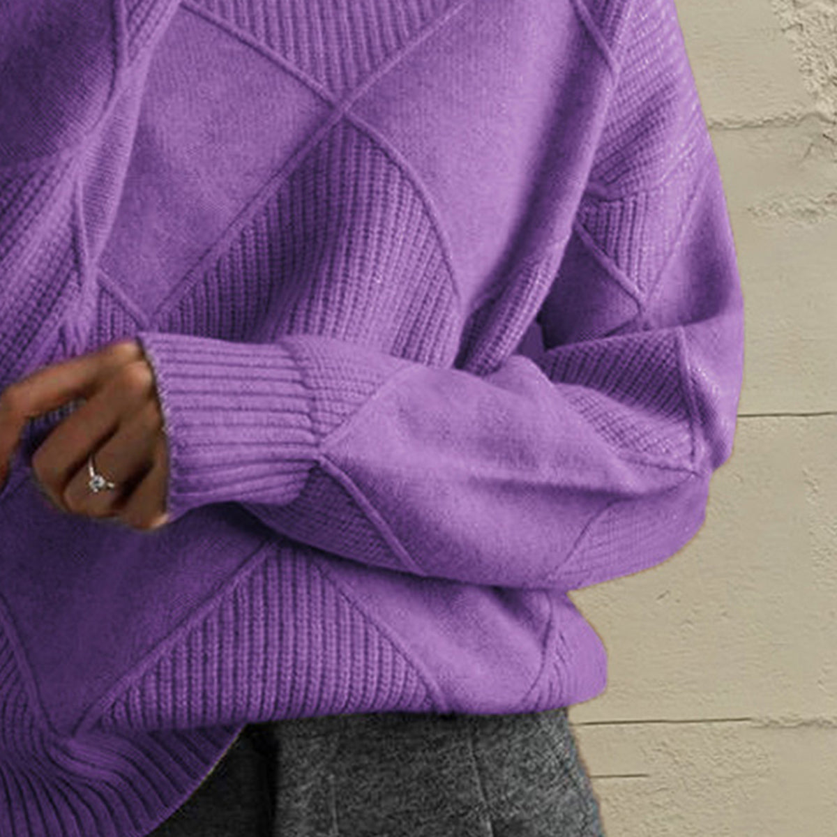 Deep Purple textured diamond knit turtleneck pullover sweater with ribbed cuffs and hem.