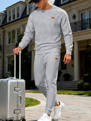 Men's Casual Textured Top And Pants Set in Navy Blue, front view