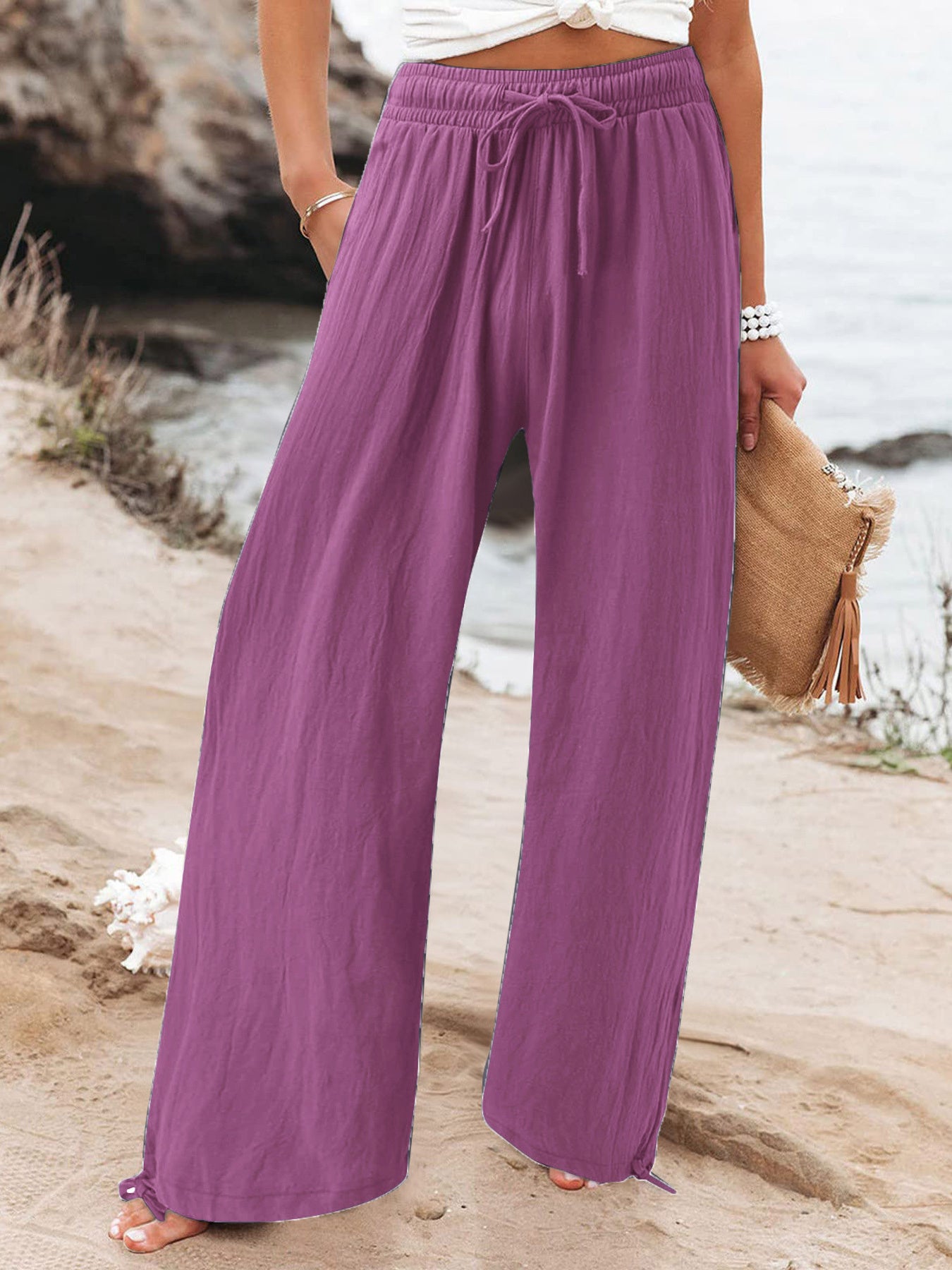 Full Size Drawstring Wide Leg Pants Plus Size in Fuchsia, view 18