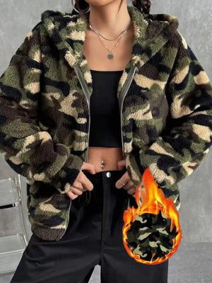 Camo fuzzy zip-up trench coat with hood and pockets.