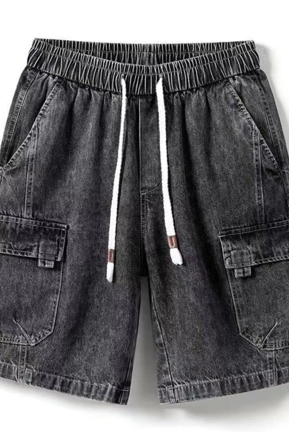 Dark gray denim cargo shorts for him with drawstring waist and utility pockets.
