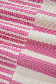 Pink and white striped waffle knit top with colorblock detail
