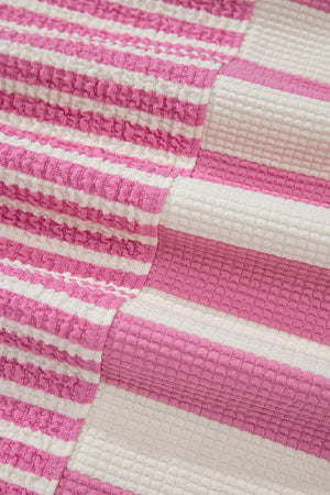 Pink and white striped waffle knit top with colorblock detail