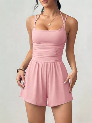 Ruched Spaghetti Strap Romper, model styling view