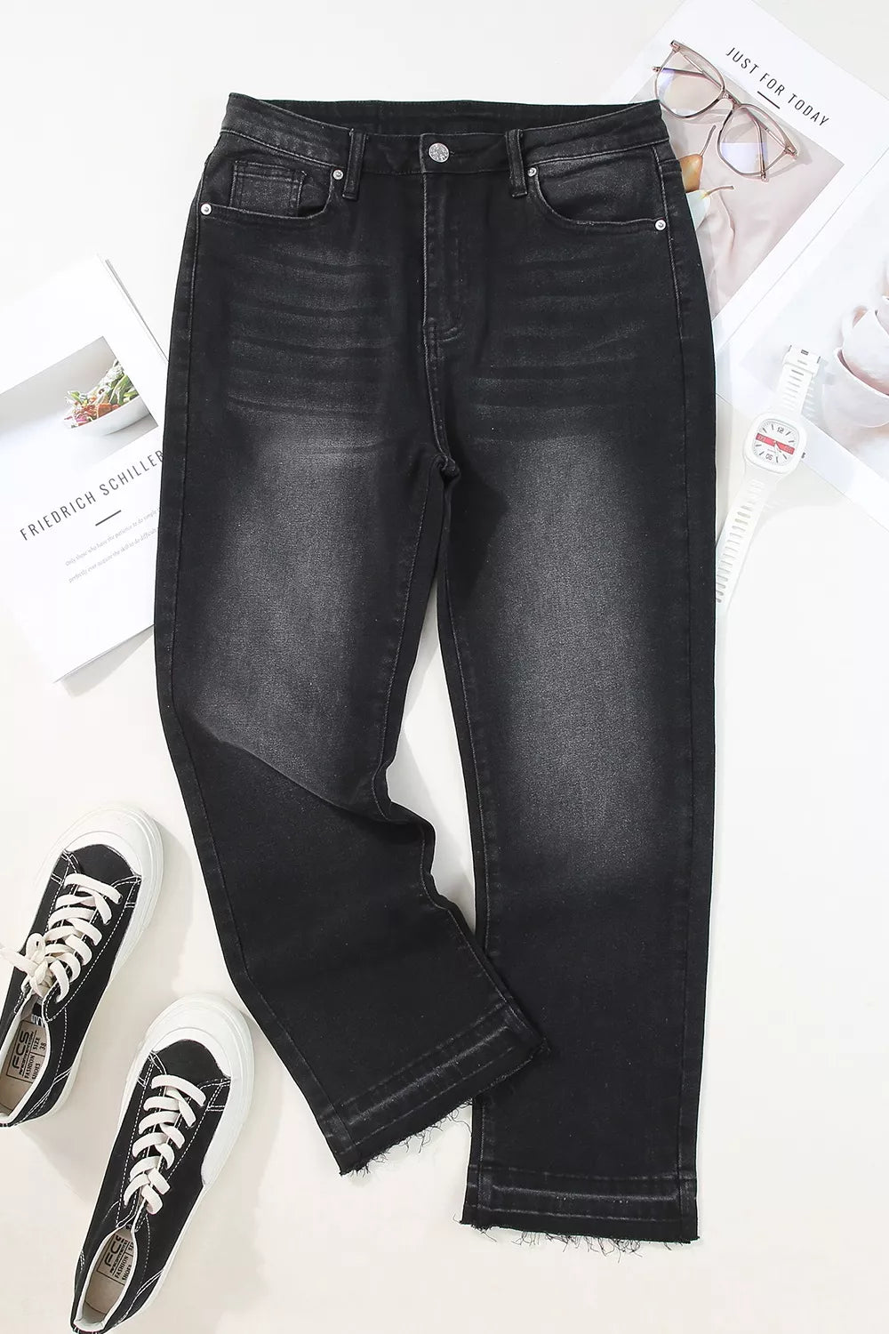 Charcoal washed denim maternity jeans with distressed raw hem