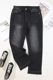 Charcoal washed denim maternity jeans with distressed raw hem