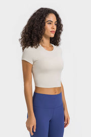 Ivory ribbed crewneck crop top with short sleeves