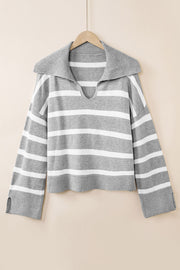 Light gray and white striped knit pullover sweater with wide collar and v-neck.