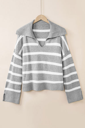 Light gray and white striped knit pullover sweater with wide collar and v-neck.