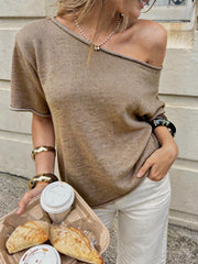 One Shoulder Short Sleeve Knit Top in Khaki, front view