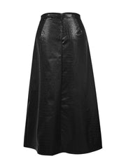 Black croc-effect A-line midi skirt with a back zipper detail.