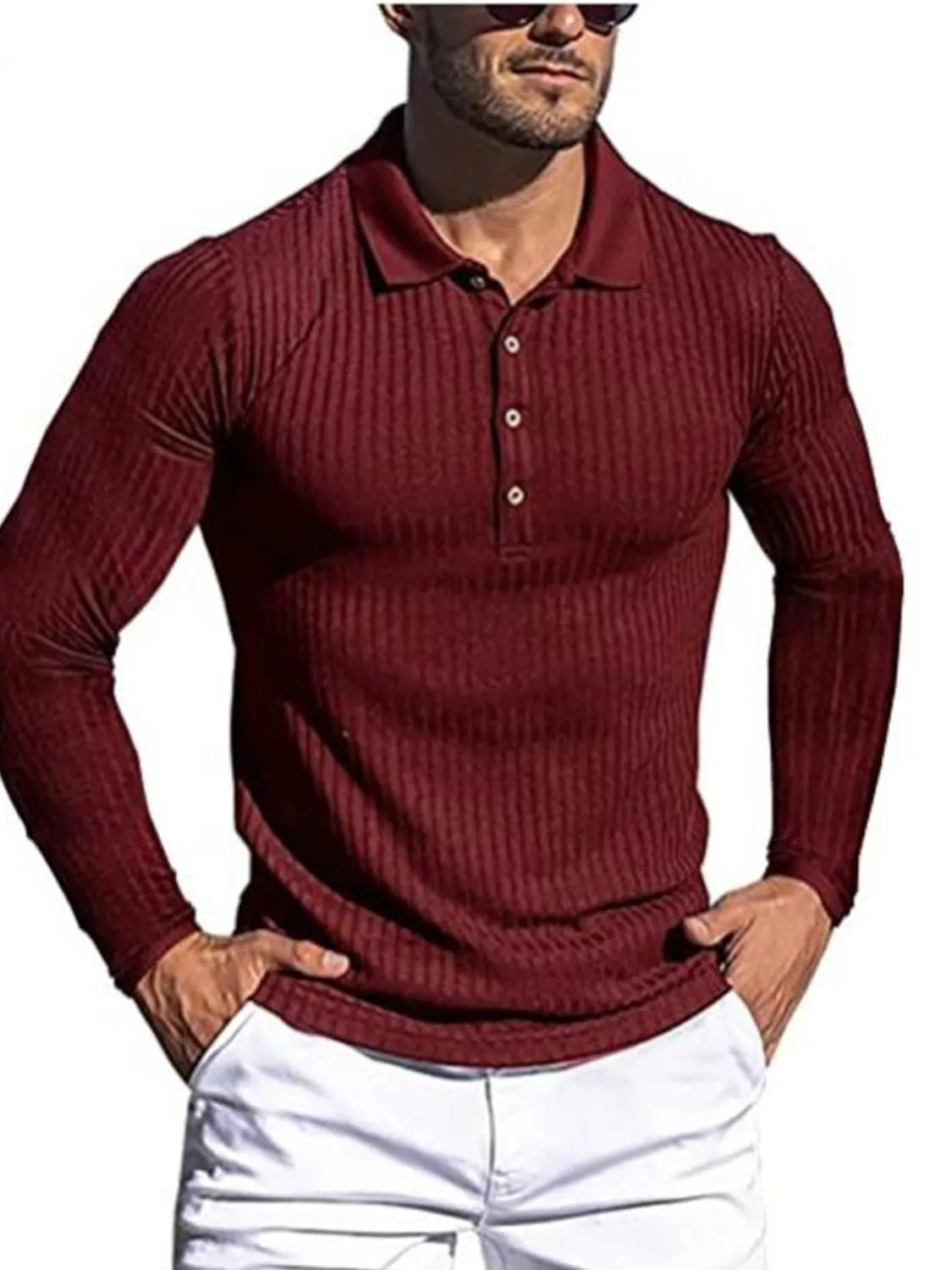 Burgundy textured ribbed long sleeve polo shirt with a sculpted fit.