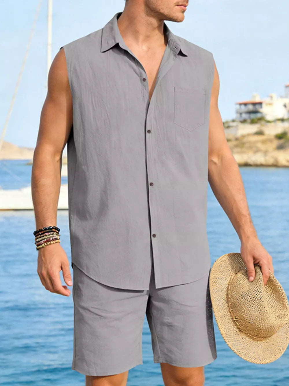 Men's gray linen sleeveless shirt and shorts set, with a chest pocket.