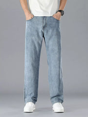 Light blue cotton straight leg jeans with a casual fit.