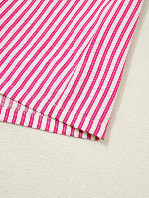 Shirred yoke ruffled sleeve maternity blouse in pink and white stripes, cotton fabric.