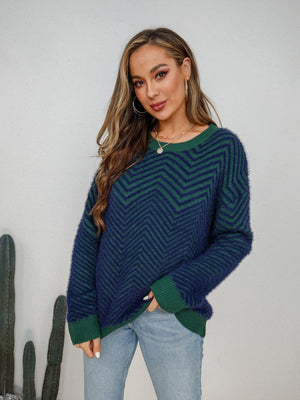 Chevron knit fluffy sweater in French Blue with crew neck and long sleeves.