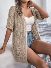 Khaki open-knit diamond pattern short sleeve cardigan