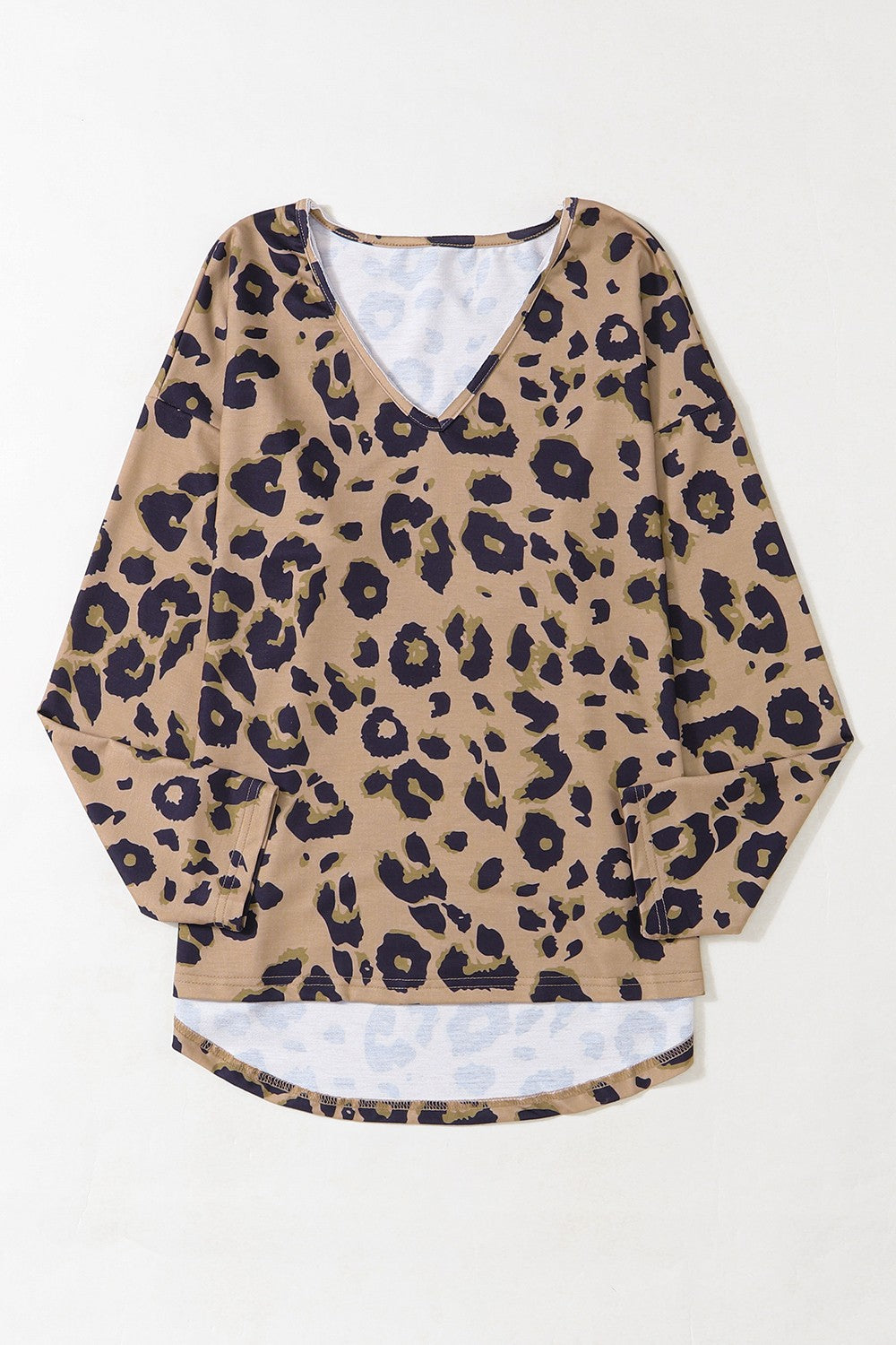 Leopard print relaxed V-neck top in khaki with long sleeves and a curved hem.