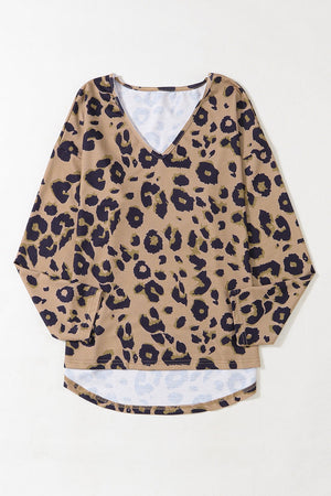 Leopard print relaxed V-neck top in khaki with long sleeves and a curved hem.