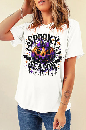 White oversized tee with a spooky pumpkin and bat print for Halloween.