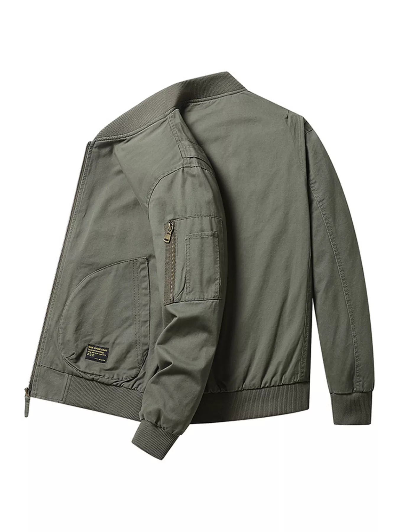 Plus-size bomber jacket in army green cotton with zip-up front and utility sleeve pocket.