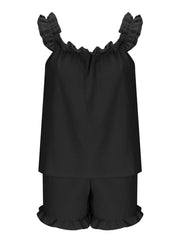 Black ruffled pajama set with off-the-shoulder top and shorts.