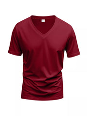 Essential slim fit v-neck t-shirt in wine red, made of breathable cotton.
