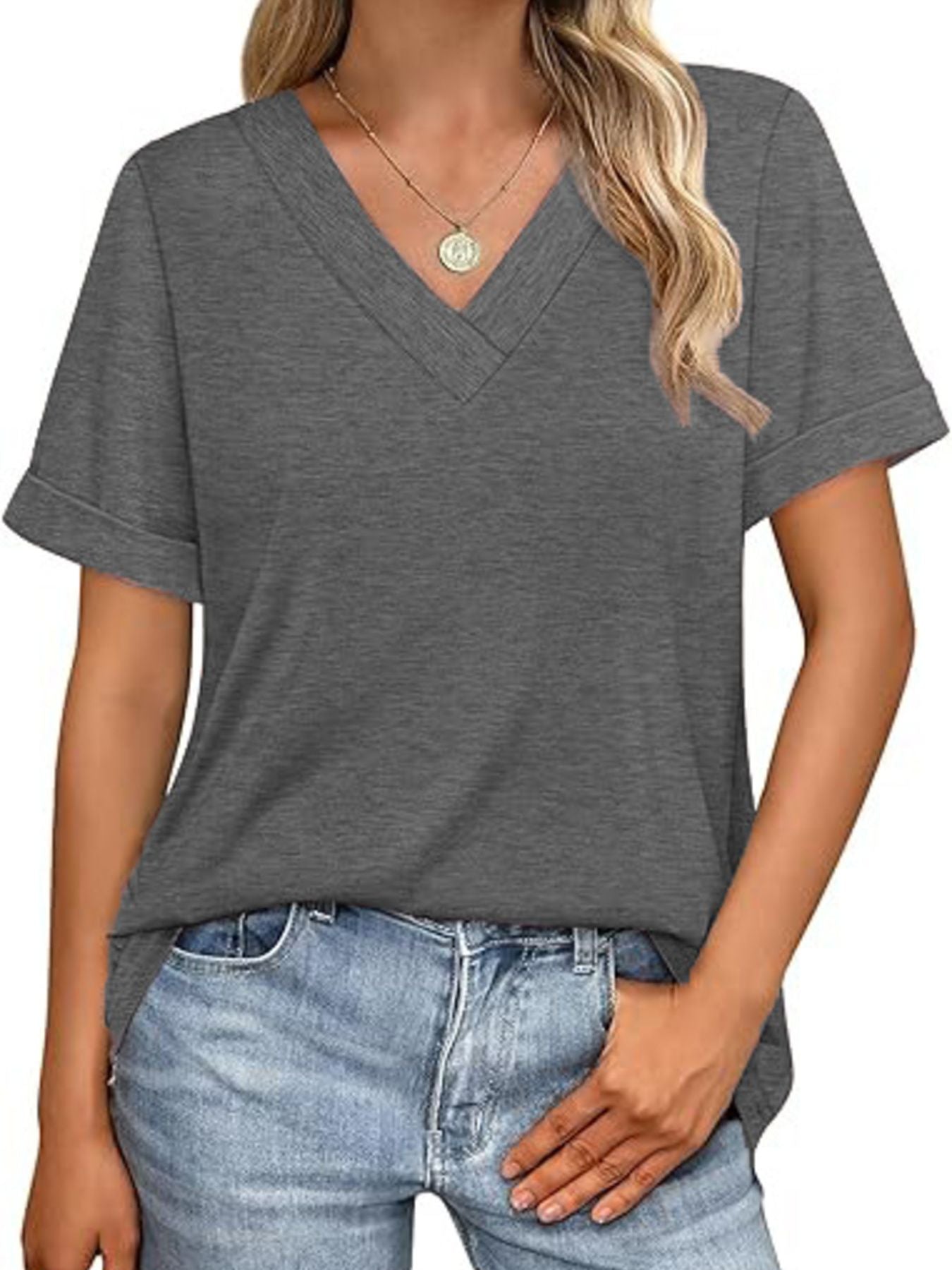 Dark Gray V-neck T-shirt with cuffed short sleeves, styled with jeans.