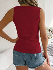 Burgundy knit tank top with openwork detail and square neckline.