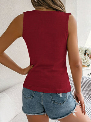 Burgundy knit tank top with openwork detail and square neckline.