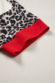 Leopard Patchwork Uneven Hem Short Sleeve Top, fabric detail