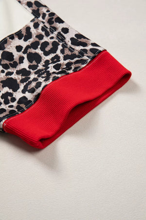 Leopard Patchwork Uneven Hem Short Sleeve Top, fabric detail
