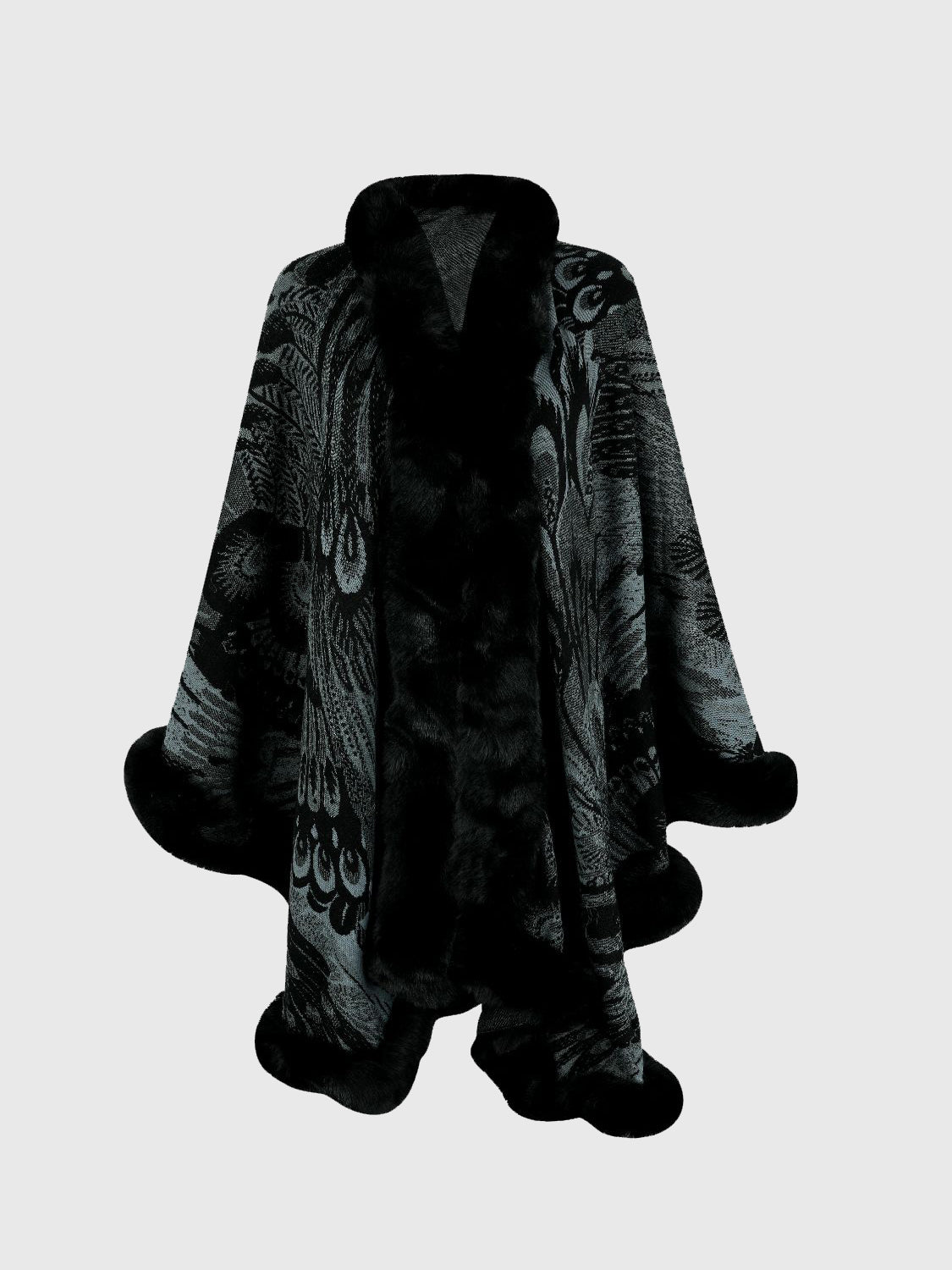Feather print cape in charcoal with faux fur trim and collar.